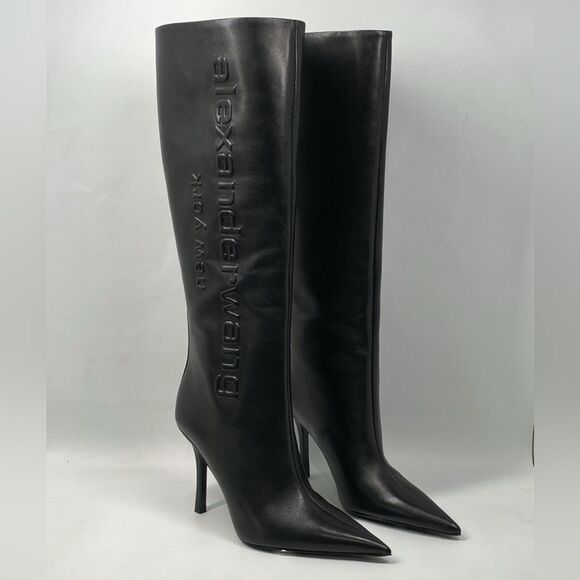 Alexander Wang Shoes - Alexander Wang Delphine brand-embossed leather heeled knee-high boots size 38.5